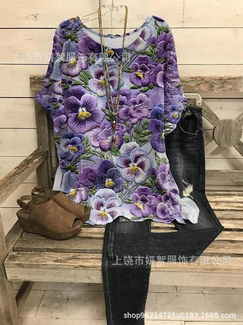 Haut ample à col rond et manches courtes en coton et lin pour femme m301281 