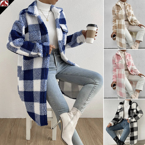 Offene Revers-Plüsch-Karojacke mit lockerem Temperament, Pendler-Langmantel für Damen m300360 