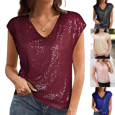 Ärmel Pailletten schlank V-Ausschnitt einfarbig Top T-Shirt Damen m300996 
