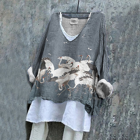Langarm bedruckter Freizeitpullover lockerer Rundhalsausschnitt einteiliges T-Shirt (ohne Unterhemd) m301042