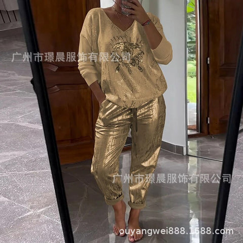 Women's Long Sleeve Printed Top Pants Set of Two M302301