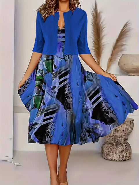 New women's long dress two-piece set flower and grass print crew neck dress jacket m302471