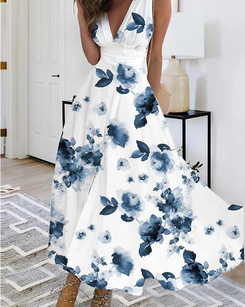 Damen neues V-Ausschnitt mit Futter hohe Taille ärmellos bedruckt sexy Westenkleid m301267 