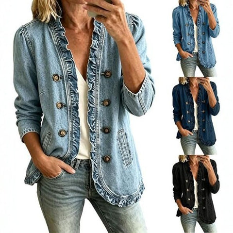 Washed denim jacket women's ruffle edge button-up denim jacket FF303256