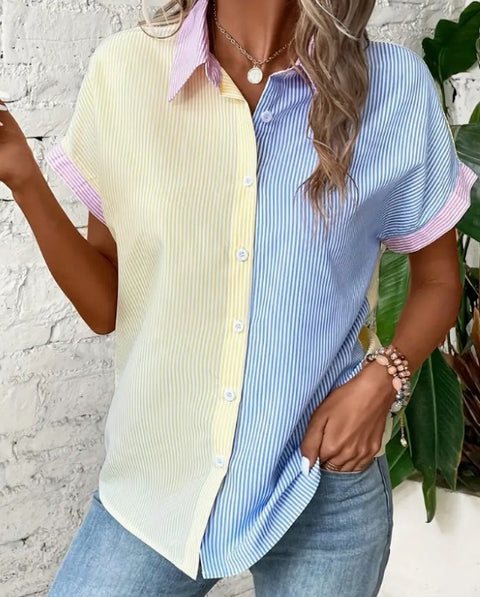 Digital printing striped print button front shirt casual shorts sleeves spring summer shirt m302473