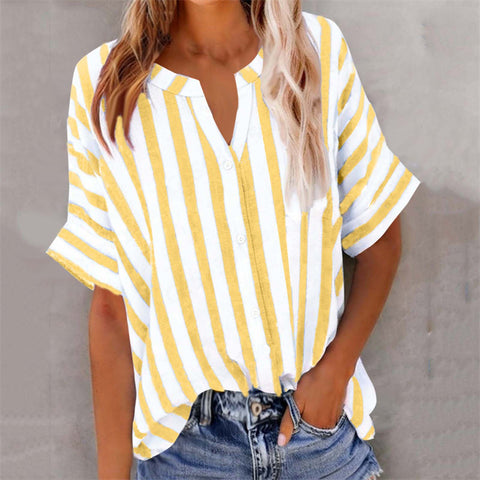 Women's top shirt loose casual V-neck button striped contrasting short sleeve m302416
