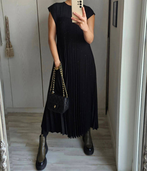Robe plissée sans manches à col rond tendance m301308 
