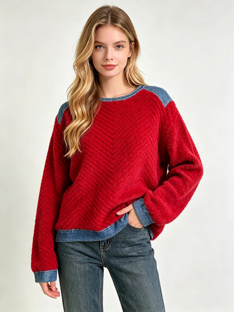 Herringbone embossed plush sweater spliced fake two-piece loose pullover top FF303354