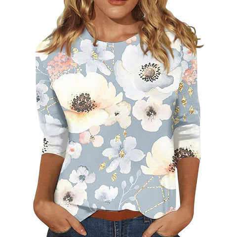 Pull ras du cou à manches sept-quarts et imprimé 3D de fleurs et de plantes m300615 