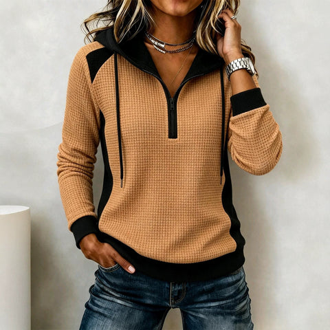 Waffle half-zipper hooded sweatshirt for women, autumn/winter long-sleeve casual top FF303443