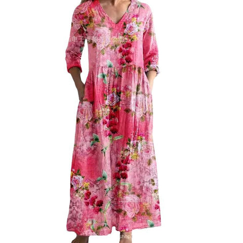 Loose fashion premium V-neck print dress m302742