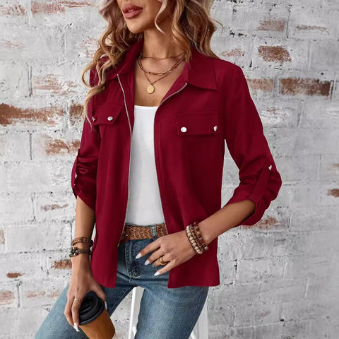 Revers Reißverschluss Strickjacke Handtasche Hut einfarbig Langarmjacke m300675 