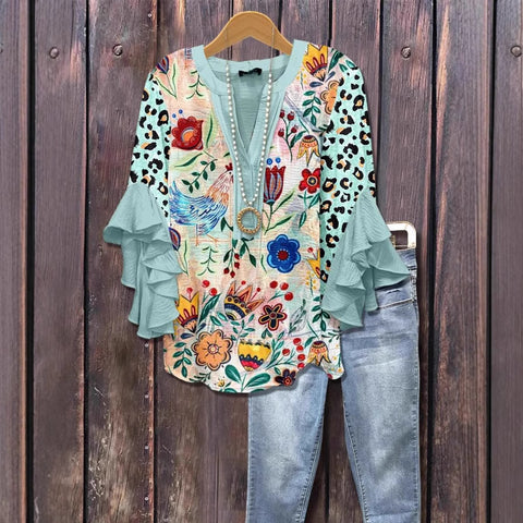 T-shirt à col en V et bordure lotus, imprimé floral créatif, impression numérique, tendance décontractée, m301358 