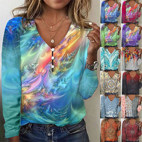 Langarm-T-Shirt-Pullover mit V-Ausschnitt, Stern-Batikmuster und Perlmuttknöpfen m300609 