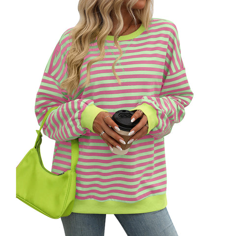Farbig gestreifter Rundhals-Sweatshirtpullover für Damen, lockerer Schnitt, m300961 