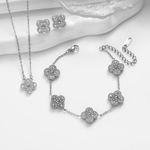 Ensemble de bijoux en acier titane trèfle Double face avec bracelet laser, incrustation de diamant de luxe léger m5010677