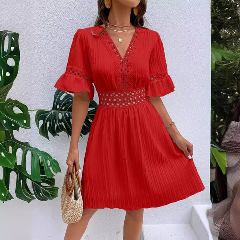 Spleißen spitze mode V-ausschnitt taille einfarbig kleid m300990 