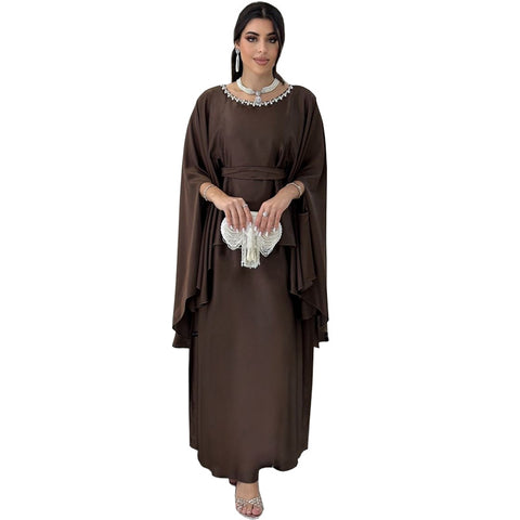 Fashion bead chain decorative fake two-piece set lace-up waist robe dress m301184