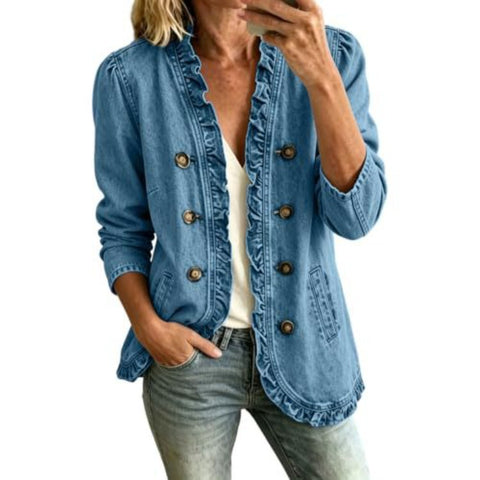 Washed denim jacket women's ruffle edge button-up denim jacket FF303256