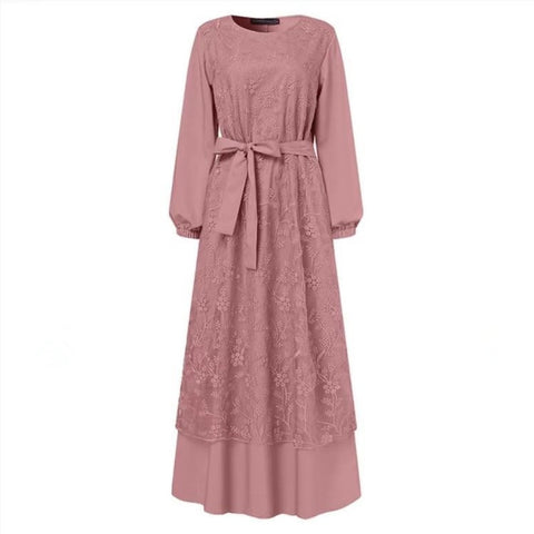 Robe longue ample à col ras du cou et manches longues en dentelle pour femme musulmane, m301325 