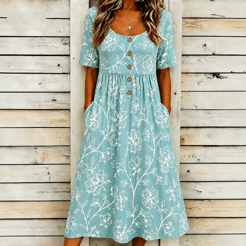 Casual round neck pullover short sleeve printed pleated waist pendulum skirt m303081