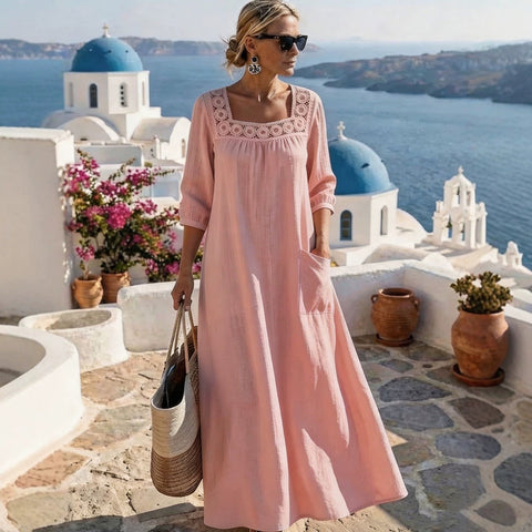 Casual square collar 7-point sleeve washed cotton solid color women's dress m303165