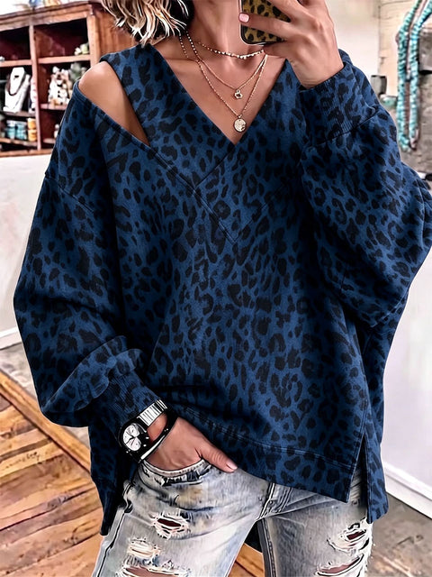 Open shoulder sweater autumn and winter new age-reducing foreign style V-neck leopard print long-sleeved top FF303328