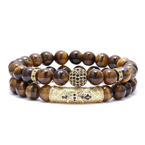 Elastisches Armband aus Tigerauge-Kupfer mit Mikroeinlage, schwarzer, matter Zirkonia, m3331288