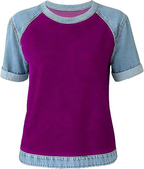 Printed denim splicing round neck short sleeve loose casual m302385