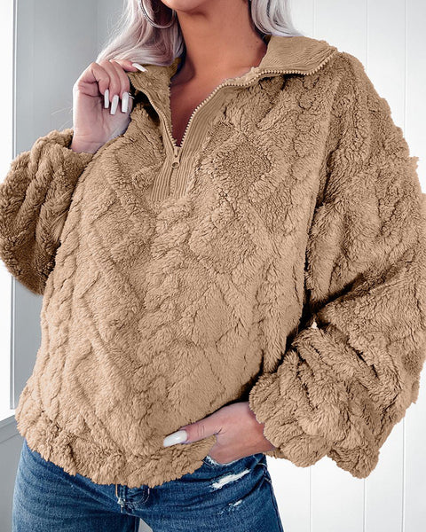 Einfacher, einfarbiger, halblanger Reißverschluss, Stehkragen, lockerer Plüschpullover m300436 