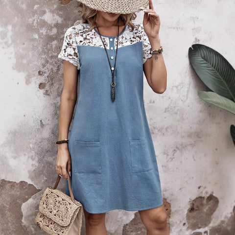 Frühling und Sommer neue Damenbekleidung lässig lose Kontrastfarbe Spitze Spleißen Tasche Kleid m301448 