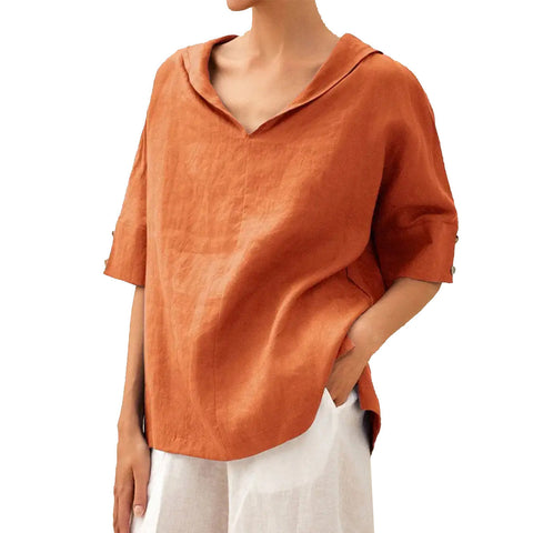 Einfarbiges, lockeres T-Shirt aus Baumwolle und Leinen für Damen mit Kapuze m301294 
