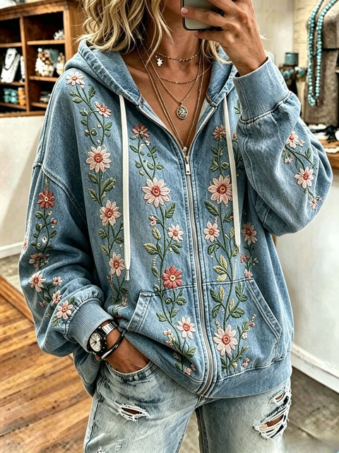 Sequin floral elements 3D digital printing loose casual hooded sweater m303215