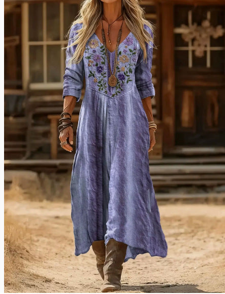 Women's loose V-neck fashion high-end long-sleeved printed collar dress m302766