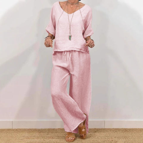 Lässiger V-Ausschnitt-Pullover mit Fünfviertelärmeln und Hose, mehrfarbig, zweiteiliges Damen-Set m301430 