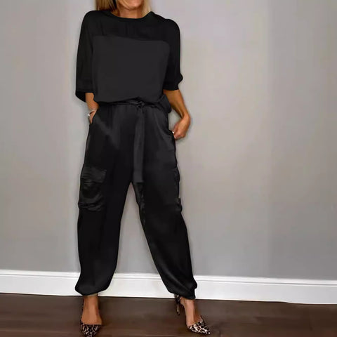 Women's smooth satin half-sleeved top and pants set two-piece set m301649