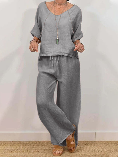 Lässiger V-Ausschnitt-Pullover mit Fünfviertelärmeln und Hose, mehrfarbig, zweiteiliges Damen-Set m301430 