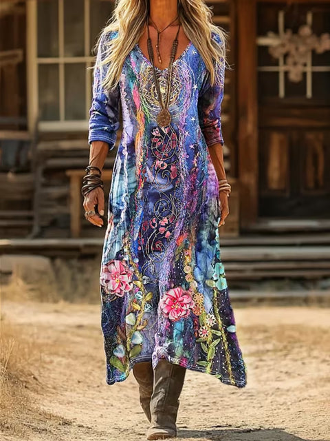 Creative tie-dye 3D printing women's new V-neck long-sleeved dress medium and long dress m302799