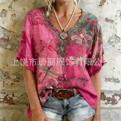 Imitation hemp V-neck shoulder-down short-sleeved top women's FF303345