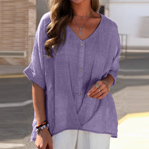 Pull ample à manches courtes et col en V en coton et lin pour femme, haut décontracté m301320 