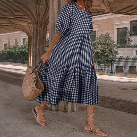 Robe ample décontractée à carreaux et manches longues m301460 
