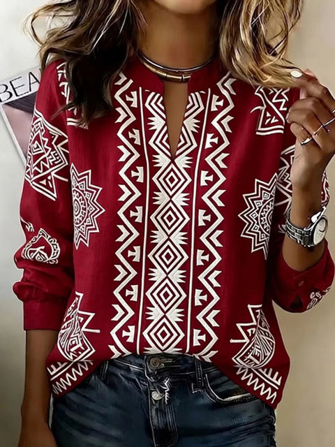 3D printed women's foreign style loose and thin small stand-up collar long-sleeved shirt FF303379