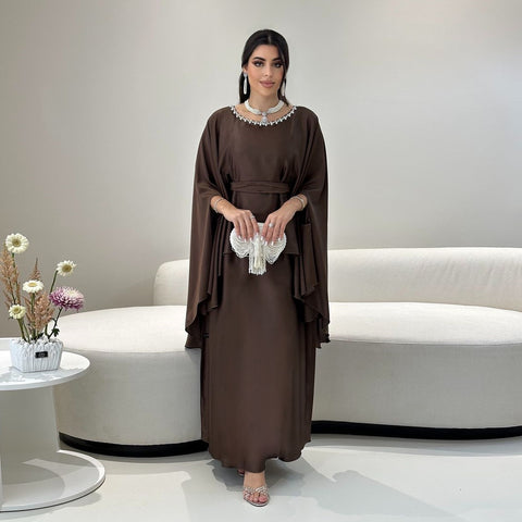 Fashion bead chain decorative fake two-piece set lace-up waist robe dress m301184