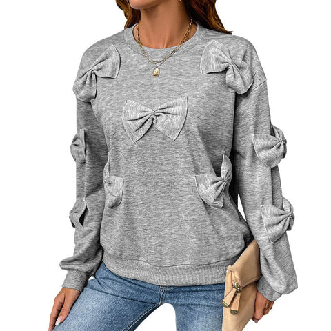 Bow stitching grey crew neck sweater m300824