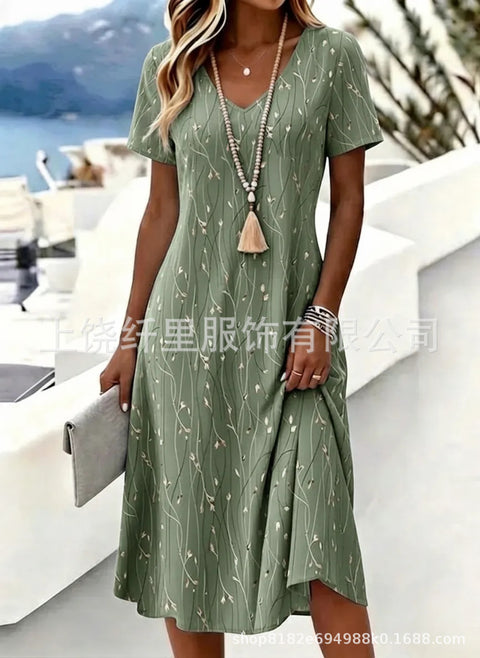 Printed women's v-neck short-sleeved temperament fashion dress m303046