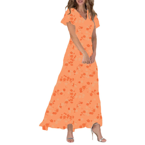 Beach pendulum long dress chiffon floral short-sleeved ruffle V-neck fashion waist dress m301342