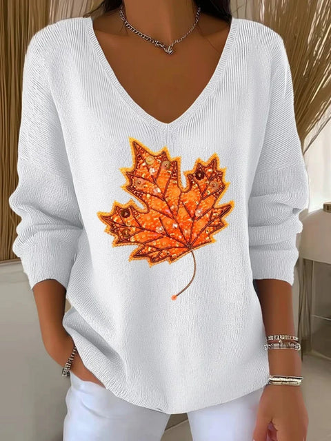Shoulder V-neck long-sleeved autumn leaf 3D digital printing women's top FF303401