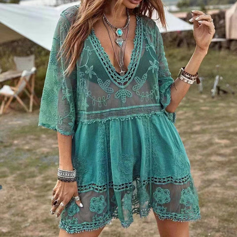Strandbluse mit Spitzenausschnitt, Sonnenschutz, sexy Bikini-Badeanzug mit m301497 
