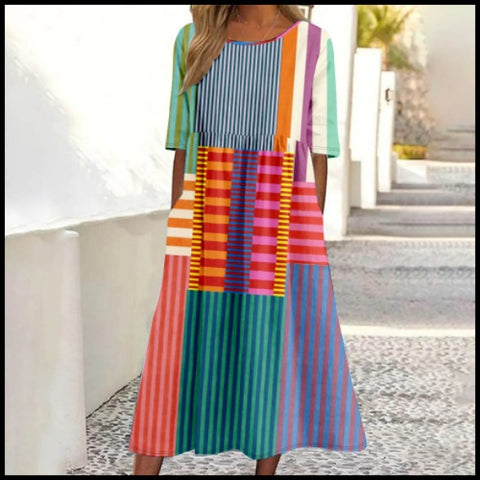Damen Casual Rundhals Pullover Kurzarm 3D Druck Plissee Taille Swing Langes Kleid m301299 