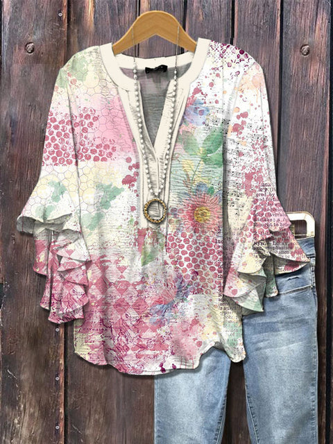 Creative floral element printing digital printing casual trend V-neck lotus edge horn T-shirt m302747